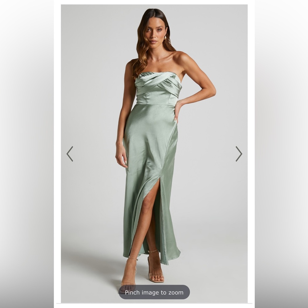 Strapless Satin Sage Green Midi Dress